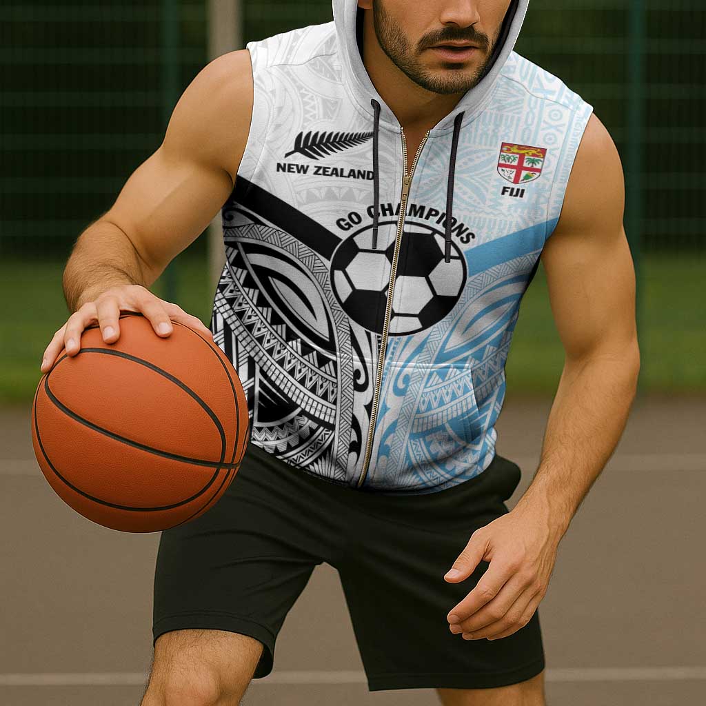 New Zealand-Fiji Football Custom Sleeveless Zip Hoodie Together Go Champions - Aussie Hoodie