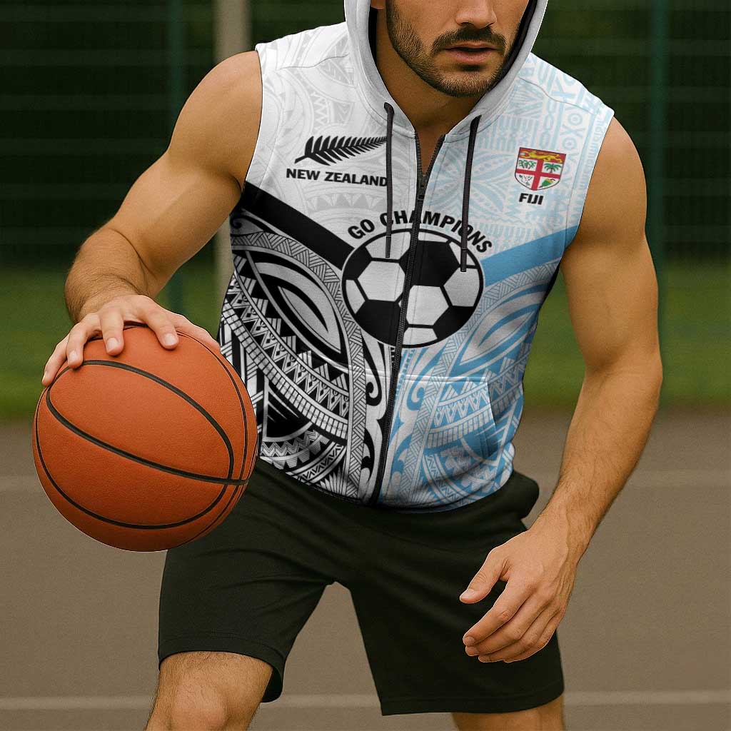 New Zealand-Fiji Football Custom Sleeveless Zip Hoodie Together Go Champions LT9