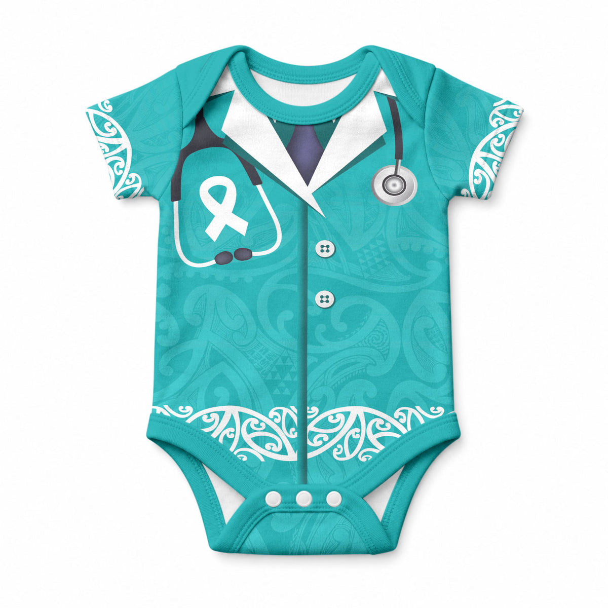 New Zealand Nurses Week Baby Onesie Maori Kowhaiwhai Cyan Tribal