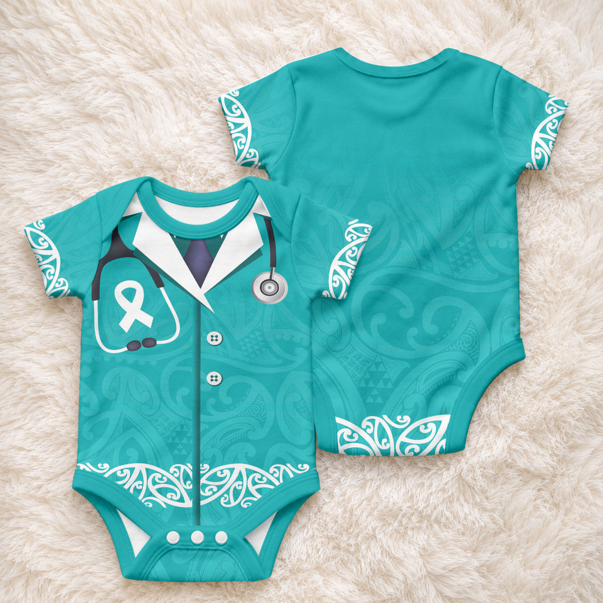 New Zealand Nurses Week Baby Onesie Maori Kowhaiwhai Cyan Tribal