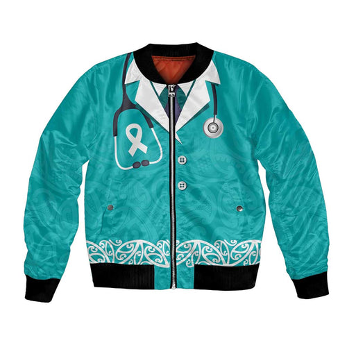 New Zealand Nurses Week Bomber Jacket Maori Kowhaiwhai Cyan Tribal