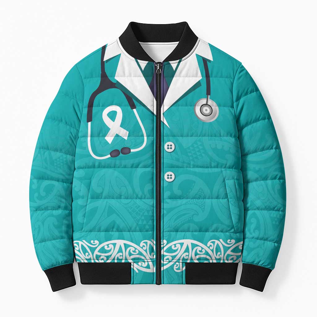 New Zealand Nurses Week Bomber Puffer Jacket Maori Kowhaiwhai Cyan Tribal