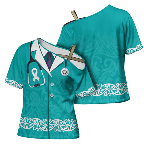 New Zealand Nurses Week Cross Shoulder Shirt Maori Kowhaiwhai Cyan Tribal