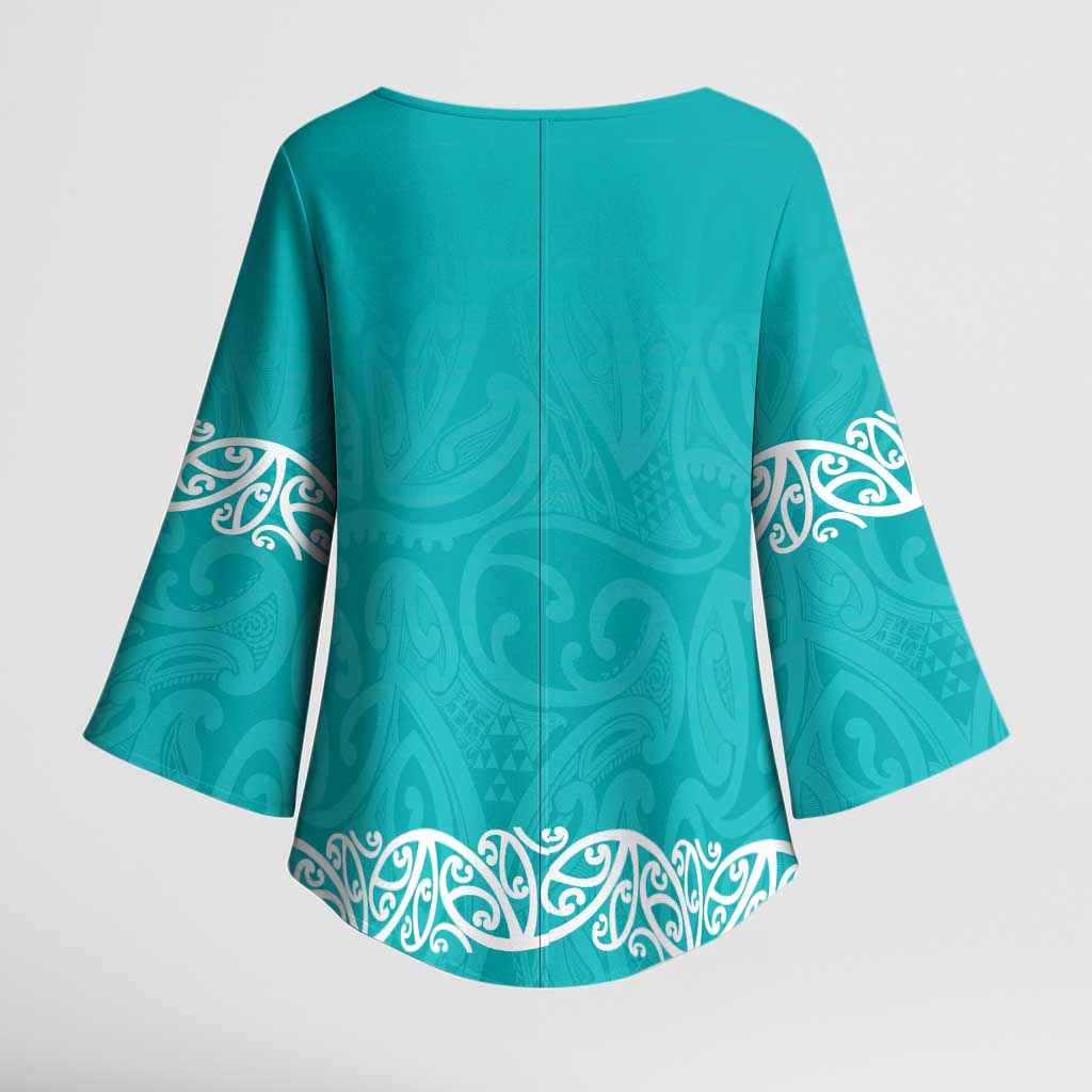 New Zealand Nurses Week Kimono Sleeve Blouse Maori Kowhaiwhai Cyan Tribal