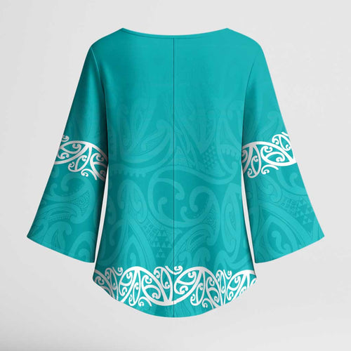 New Zealand Nurses Week Kimono Sleeve Blouse Maori Kowhaiwhai Cyan Tribal