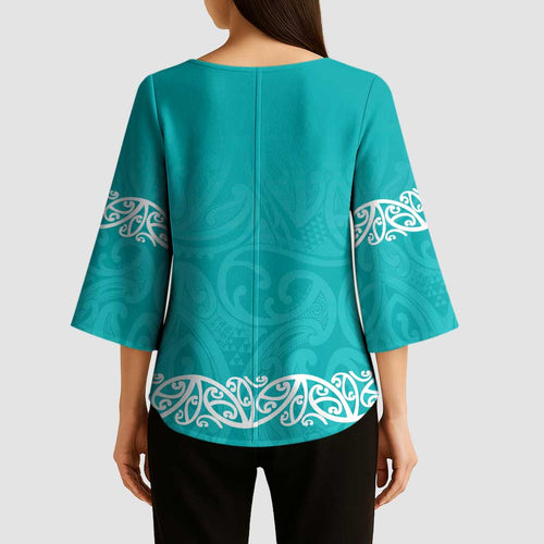 New Zealand Nurses Week Kimono Sleeve Blouse Maori Kowhaiwhai Cyan Tribal