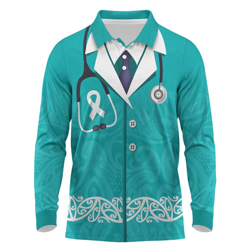 New Zealand Nurses Week Long Sleeve Polo Shirt Maori Kowhaiwhai Cyan Tribal