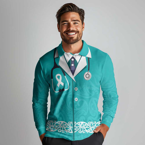 New Zealand Nurses Week Long Sleeve Polo Shirt Maori Kowhaiwhai Cyan Tribal