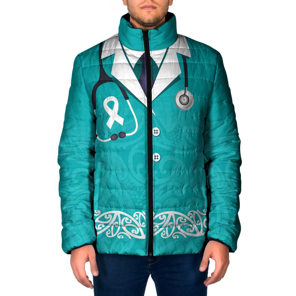 New Zealand Nurses Week Padded Jacket Maori Kowhaiwhai Cyan Tribal