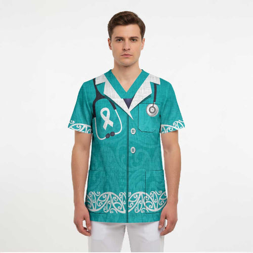 New Zealand Nurses Week Scrub Top Maori Kowhaiwhai Cyan Tribal