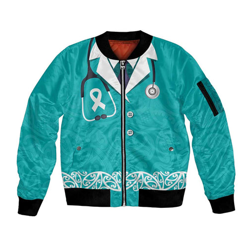 New Zealand Nurses Week Sleeve Zip Bomber Jacket Maori Kowhaiwhai Cyan Tribal