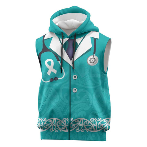 New Zealand Nurses Week Sleeveless Hoodie Maori Kowhaiwhai Cyan Tribal