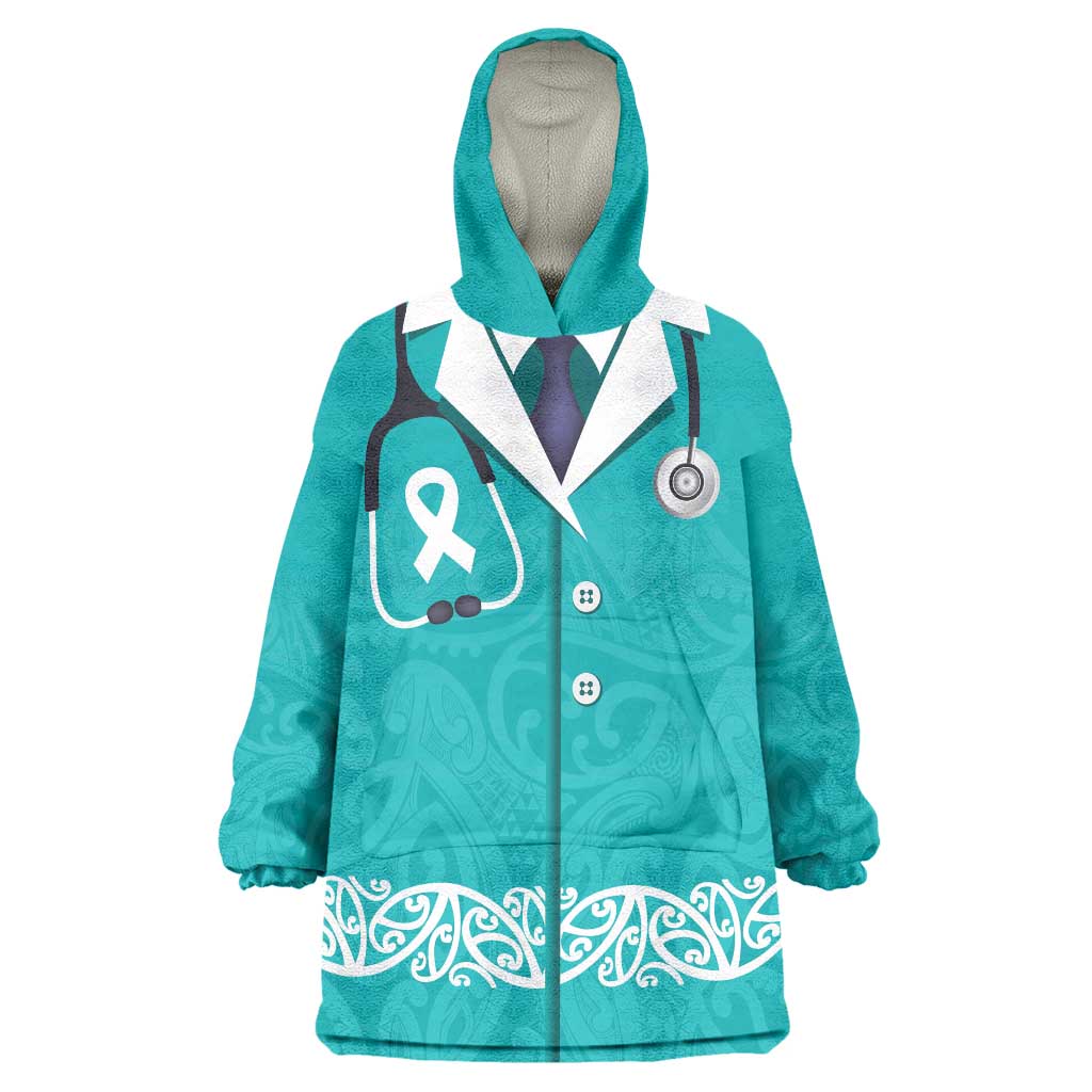 New Zealand Nurses Week Wearable Blanket Hoodie Maori Kowhaiwhai Cyan Tribal