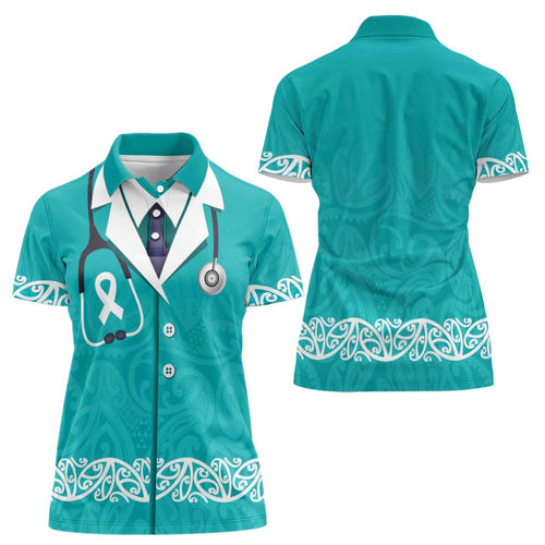 New Zealand Nurses Week Women Polo Shirt Maori Kowhaiwhai Cyan Tribal