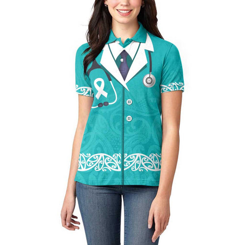 New Zealand Nurses Week Women Polo Shirt Maori Kowhaiwhai Cyan Tribal