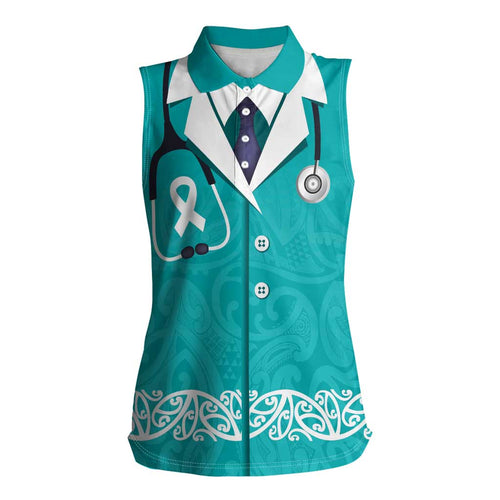 New Zealand Nurses Week Women Sleeveless Polo Shirt Maori Kowhaiwhai Cyan Tribal