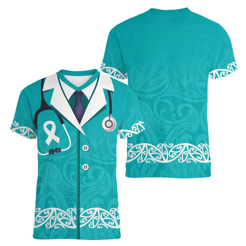 New Zealand Nurses Week Women V-Neck T-Shirt Maori Kowhaiwhai Cyan Tribal