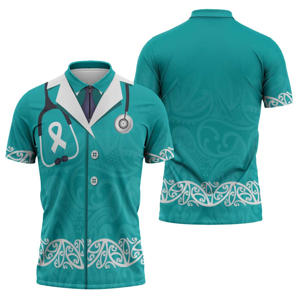New Zealand Nurses Week Zipper Polo Shirt Maori Kowhaiwhai Cyan Tribal