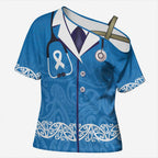 New Zealand Nurses Week Cross Shoulder Shirt Maori Kowhaiwhai Blue Tribal