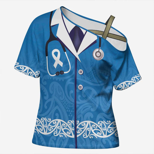 New Zealand Nurses Week Cross Shoulder Shirt Maori Kowhaiwhai Blue Tribal