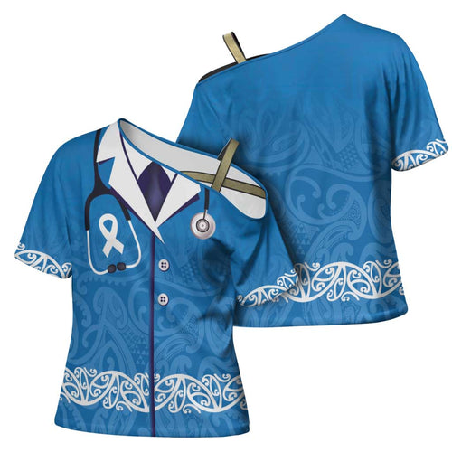 New Zealand Nurses Week Cross Shoulder Shirt Maori Kowhaiwhai Blue Tribal