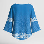 New Zealand Nurses Week Kimono Sleeve Blouse Maori Kowhaiwhai Blue Tribal