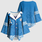 New Zealand Nurses Week Kimono Sleeve Blouse Maori Kowhaiwhai Blue Tribal