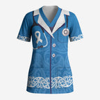 New Zealand Nurses Week Scrub Top Maori Kowhaiwhai Blue Tribal