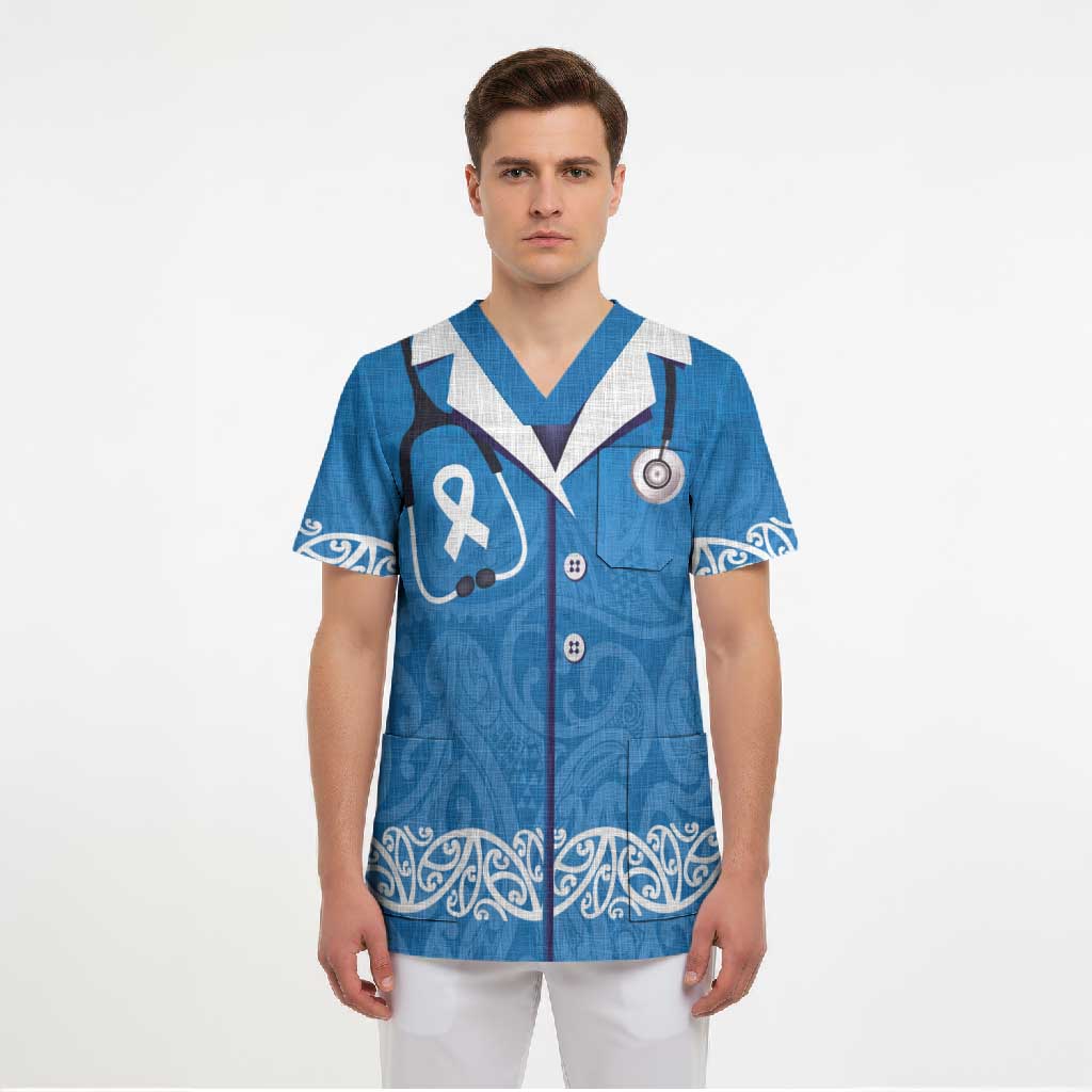 New Zealand Nurses Week Scrub Top Maori Kowhaiwhai Blue Tribal