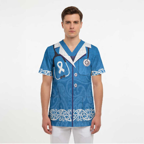 New Zealand Nurses Week Scrub Top Maori Kowhaiwhai Blue Tribal