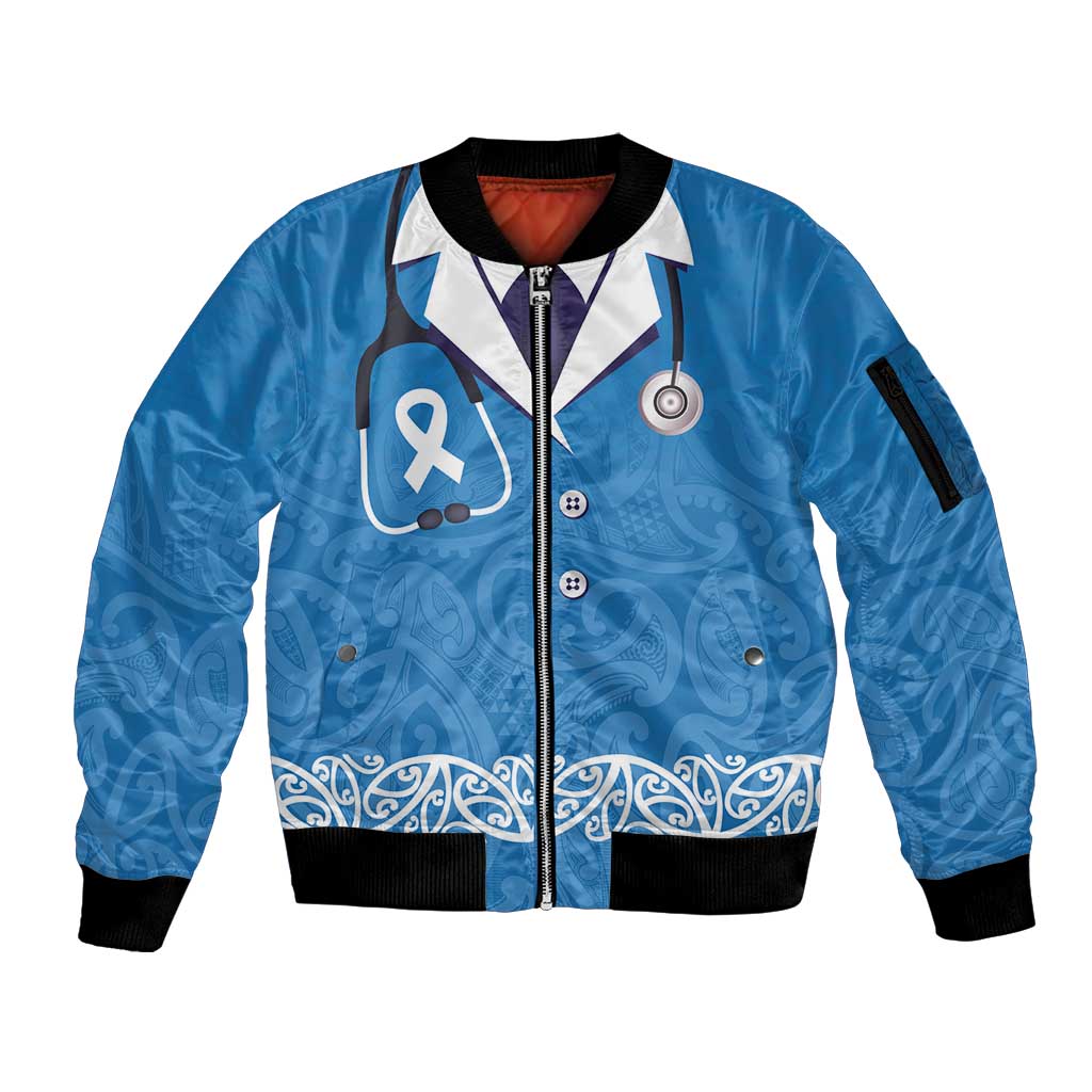 New Zealand Nurses Week Sleeve Zip Bomber Jacket Maori Kowhaiwhai Blue Tribal