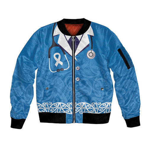 New Zealand Nurses Week Sleeve Zip Bomber Jacket Maori Kowhaiwhai Blue Tribal