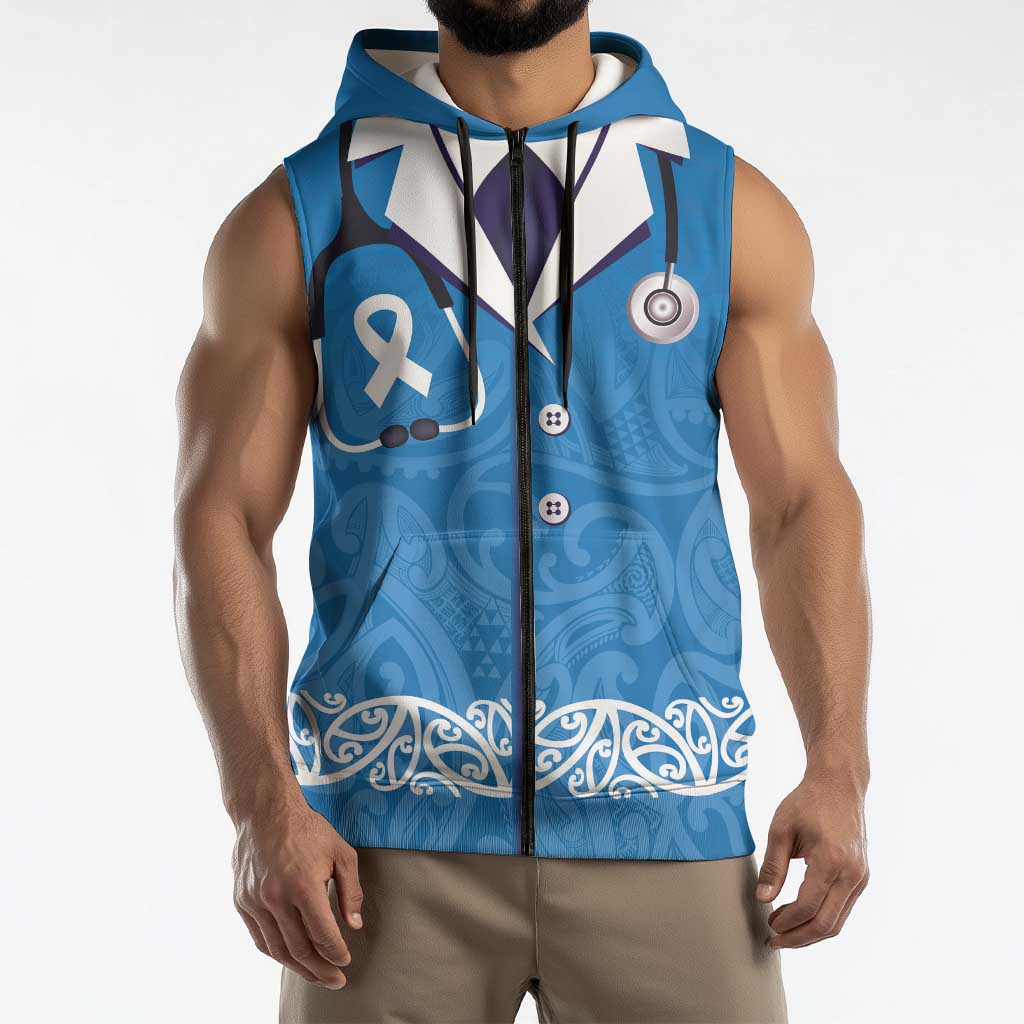New Zealand Nurses Week Sleeveless Zip Hoodie Maori Kowhaiwhai Blue Tribal