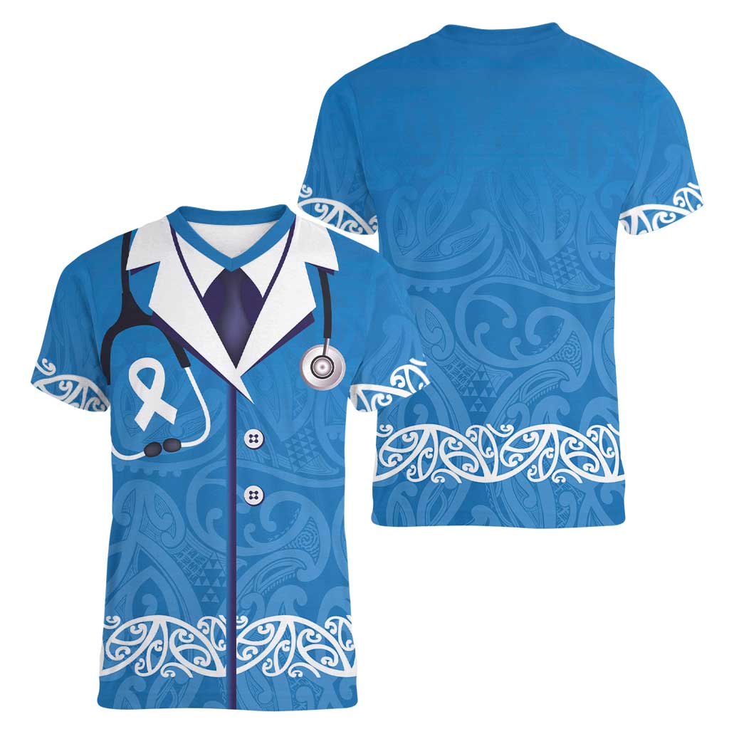 New Zealand Nurses Week Women V-Neck T-Shirt Maori Kowhaiwhai Blue Tribal