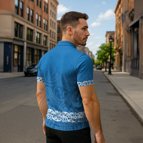 New Zealand Nurses Week Zipper Polo Shirt Maori Kowhaiwhai Blue Tribal