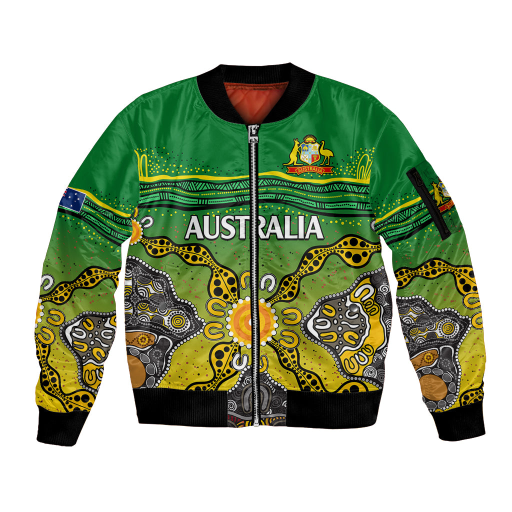 custom-text-and-number-australia-cricket-sleeve-zip-bomber-jacket-aboriginal-dots-style