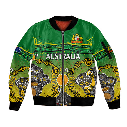 custom-text-and-number-australia-cricket-sleeve-zip-bomber-jacket-aboriginal-dots-style