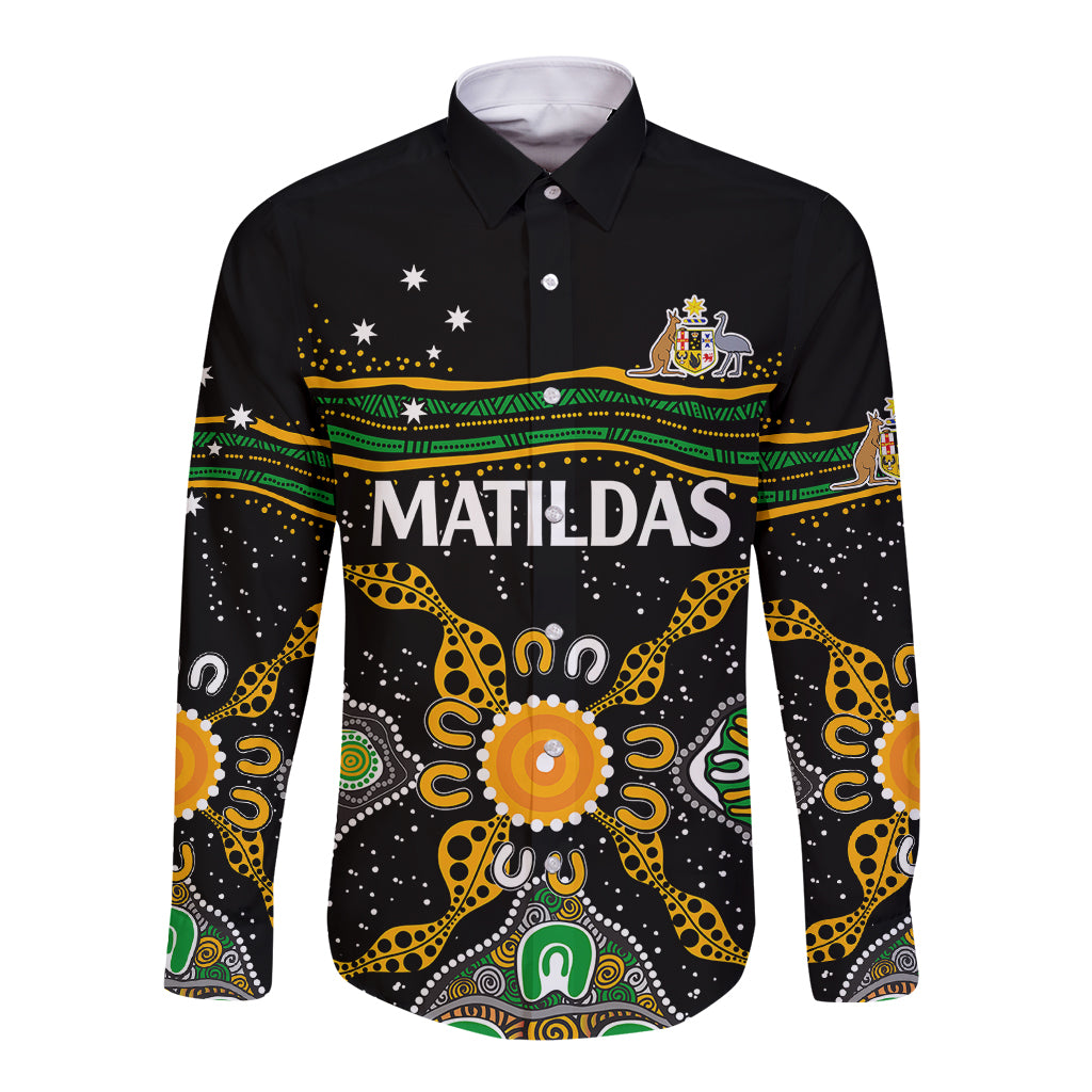 custom-text-and-number-matildas-australia-soccer-long-sleeve-button-shirt-aboriginal-dots-style