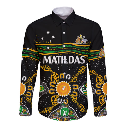 custom-text-and-number-matildas-australia-soccer-long-sleeve-button-shirt-aboriginal-dots-style