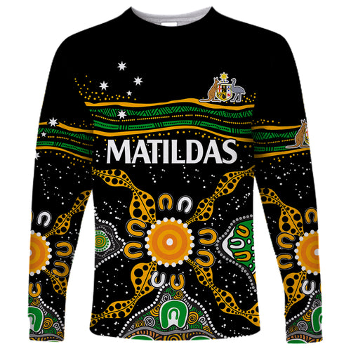 custom-text-and-number-matildas-australia-soccer-long-sleeve-shirt-aboriginal-dots-style