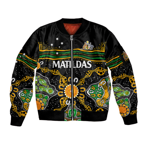 custom-text-and-number-matildas-australia-soccer-sleeve-zip-bomber-jacket-aboriginal-dots-style