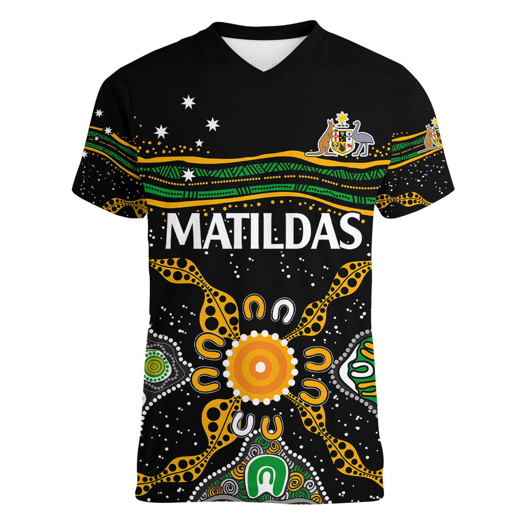 custom-text-and-number-matildas-australia-soccer-women-v-neck-t-shirt-aboriginal-dots-style