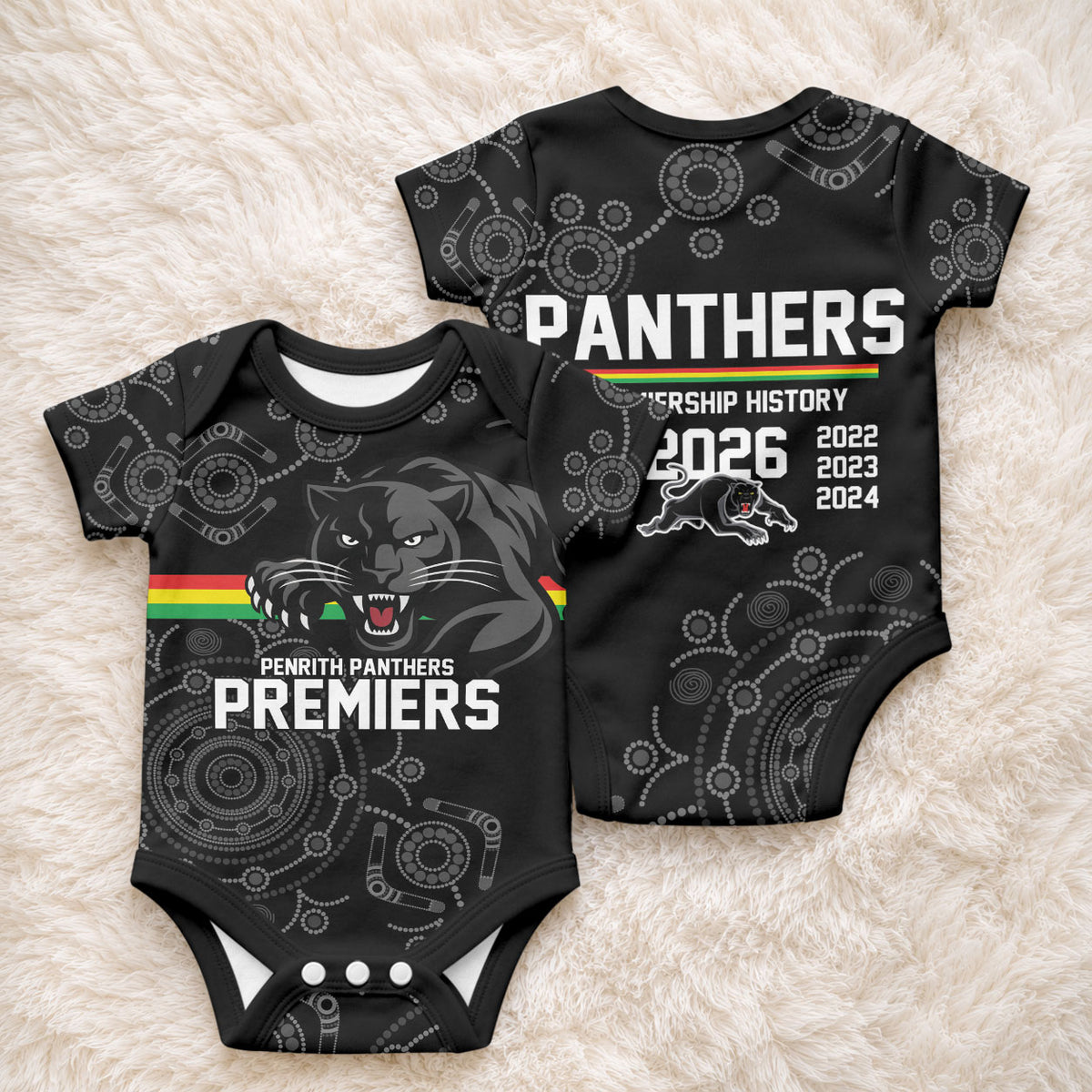 Penrith Premiers 2026 Baby Onesie Panthers Seven-Time Premiership Black