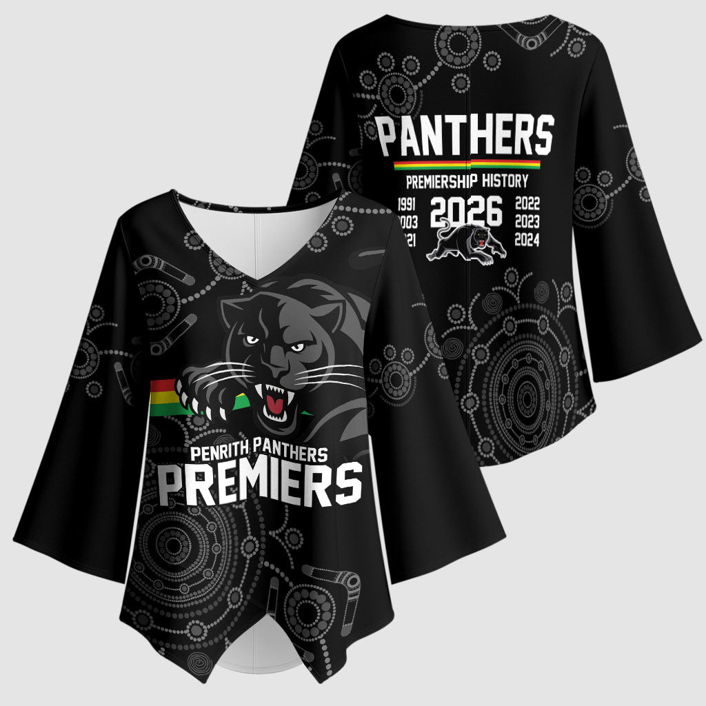 Penrith Premiers 2026 Kimono Sleeve Blouse Panthers Seven-Time Premiership Black