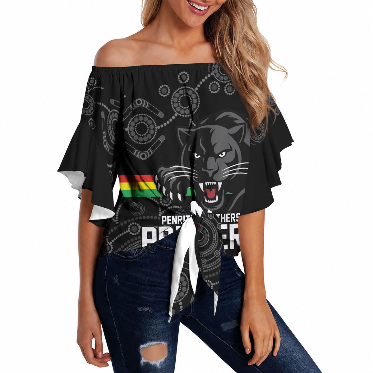 Penrith Premiers 2026 Off Shoulder Wrap Waist Top Panthers Seven-Time Premiership Black