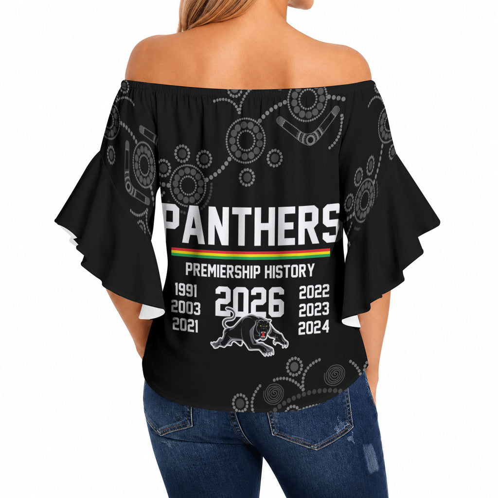 Penrith Premiers 2026 Off Shoulder Wrap Waist Top Panthers Seven-Time Premiership Black