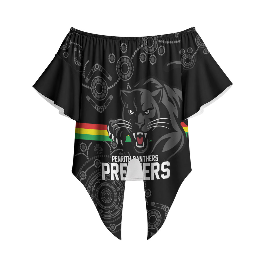 Penrith Premiers 2026 Off Shoulder Wrap Waist Top Panthers Seven-Time Premiership Black