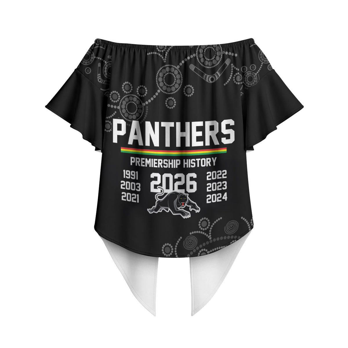 Penrith Premiers 2026 Off Shoulder Wrap Waist Top Panthers Seven-Time Premiership Black