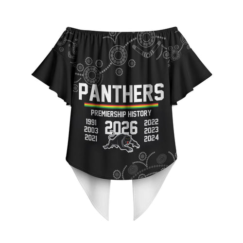 Penrith Premiers 2026 Off Shoulder Wrap Waist Top Panthers Seven-Time Premiership Black