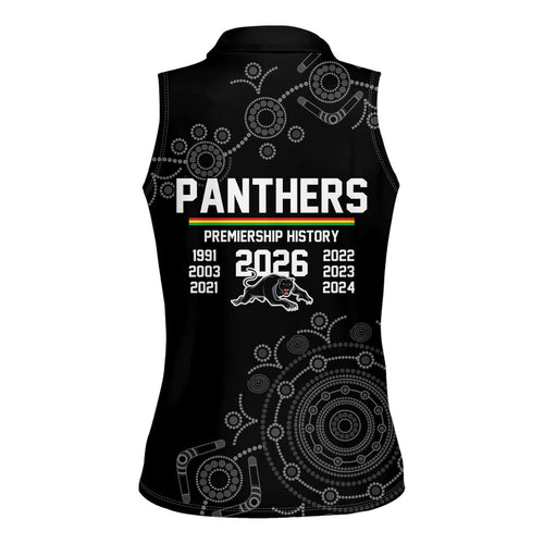 Penrith Premiers 2026 Women Sleeveless Polo Shirt Panthers Seven-Time Premiership Black